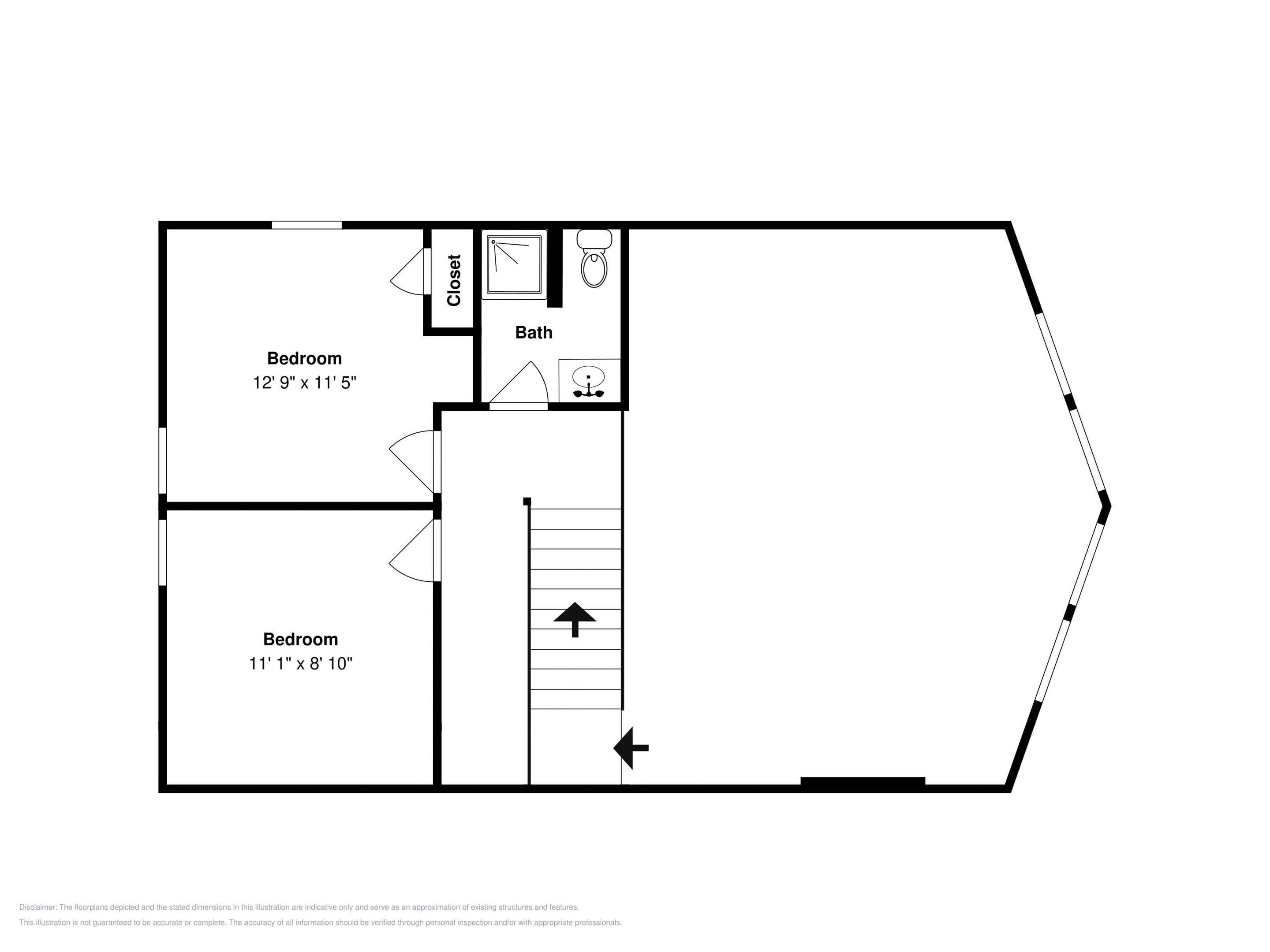 A floor plan with two bedrooms, a bathroom, and a closet.