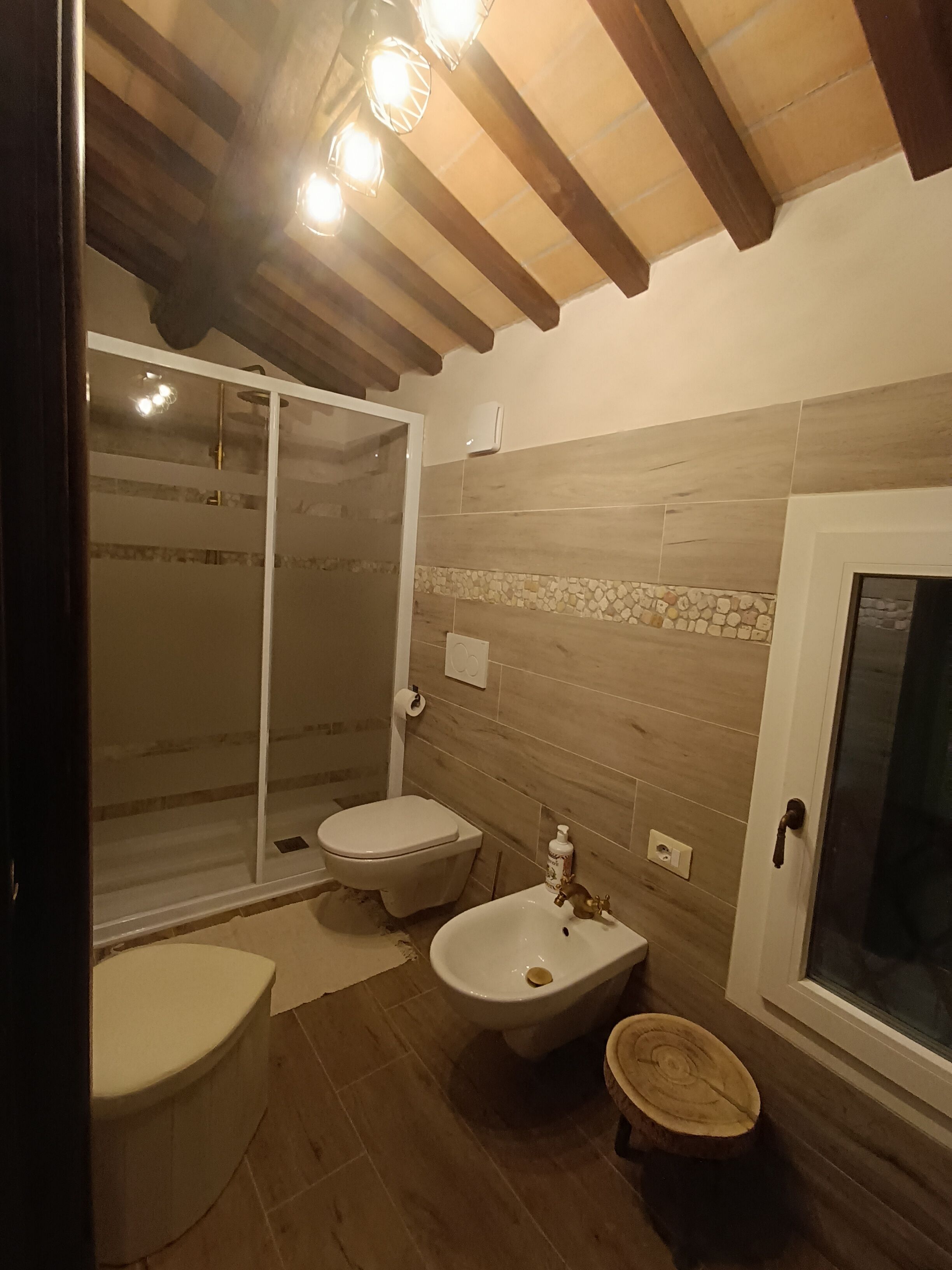 Shower, jetted tub, hair dryer, bidet