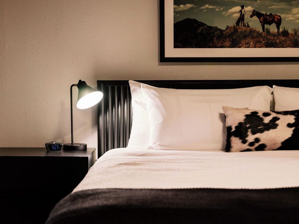 A neatly made bed with white and black patterned pillows, a black bedside lamp, and a framed picture on the wall.