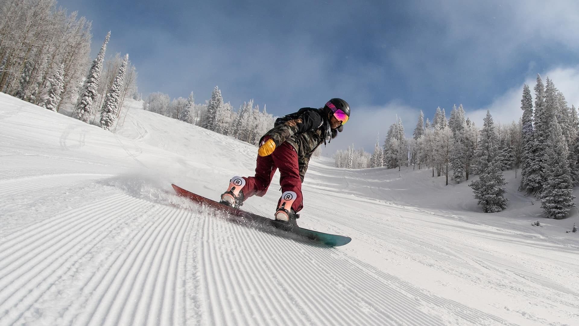 Ein Snowboarder auf einem verschneiten Hang, im Hintergrund Bäume.