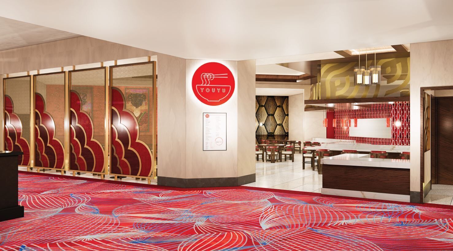 Un hall d’hôtel avec un tapis à motifs rouges et blancs, un comptoir d’accueil et un mur orné d’un logo rouge et d’un menu.