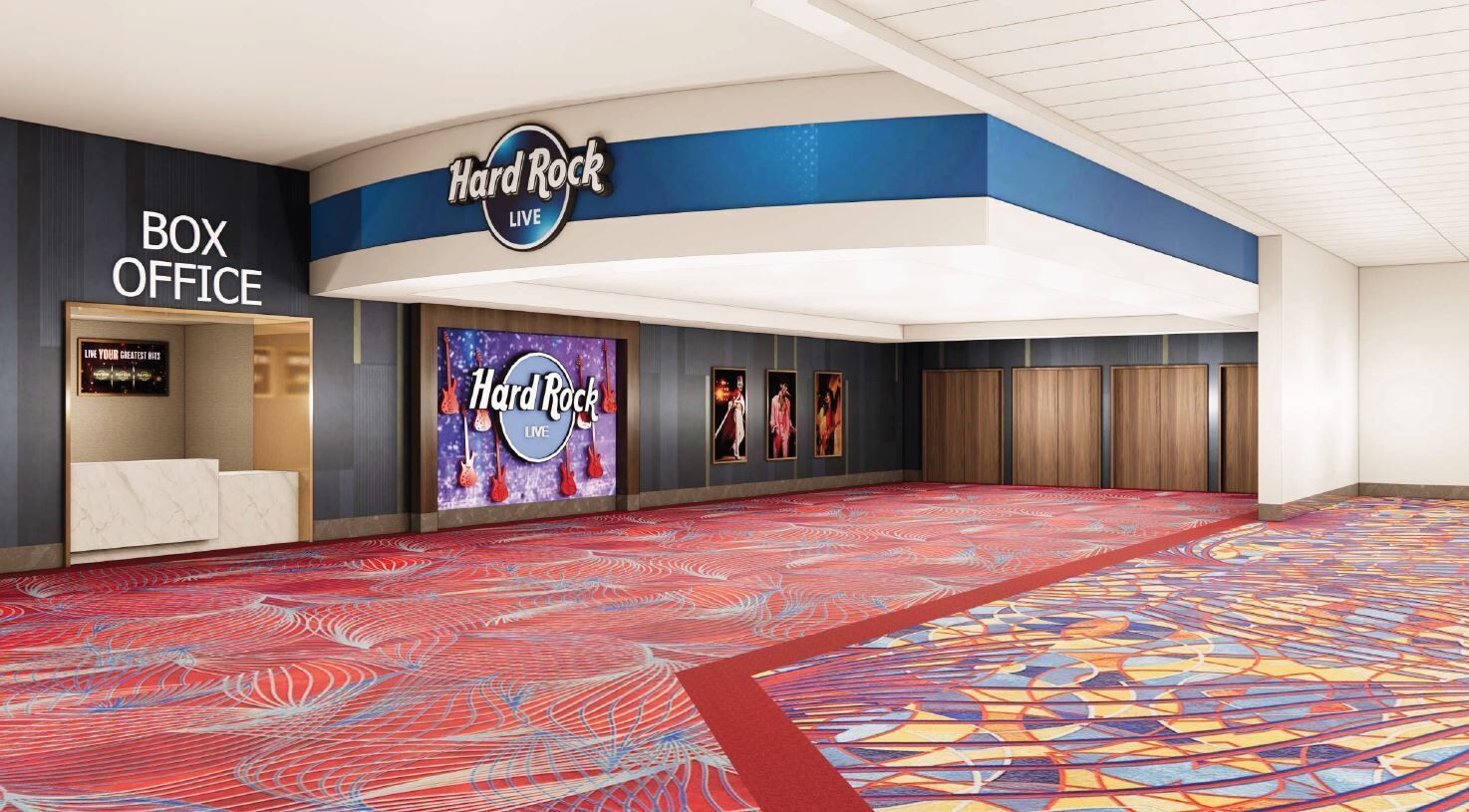 A Hard Rock Live venue with a red carpet, a box office, and a large screen displaying the Hard Rock logo.