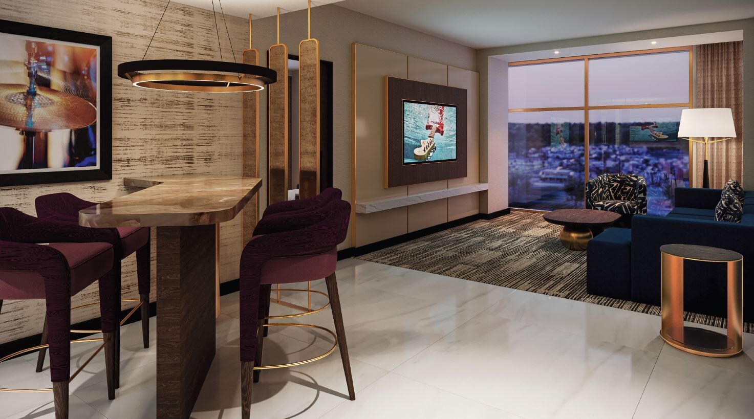 A modern living room with a bar area, a large TV, and a view of the cityscape.