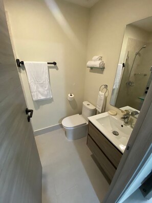 Shower, hair dryer, towels, soap