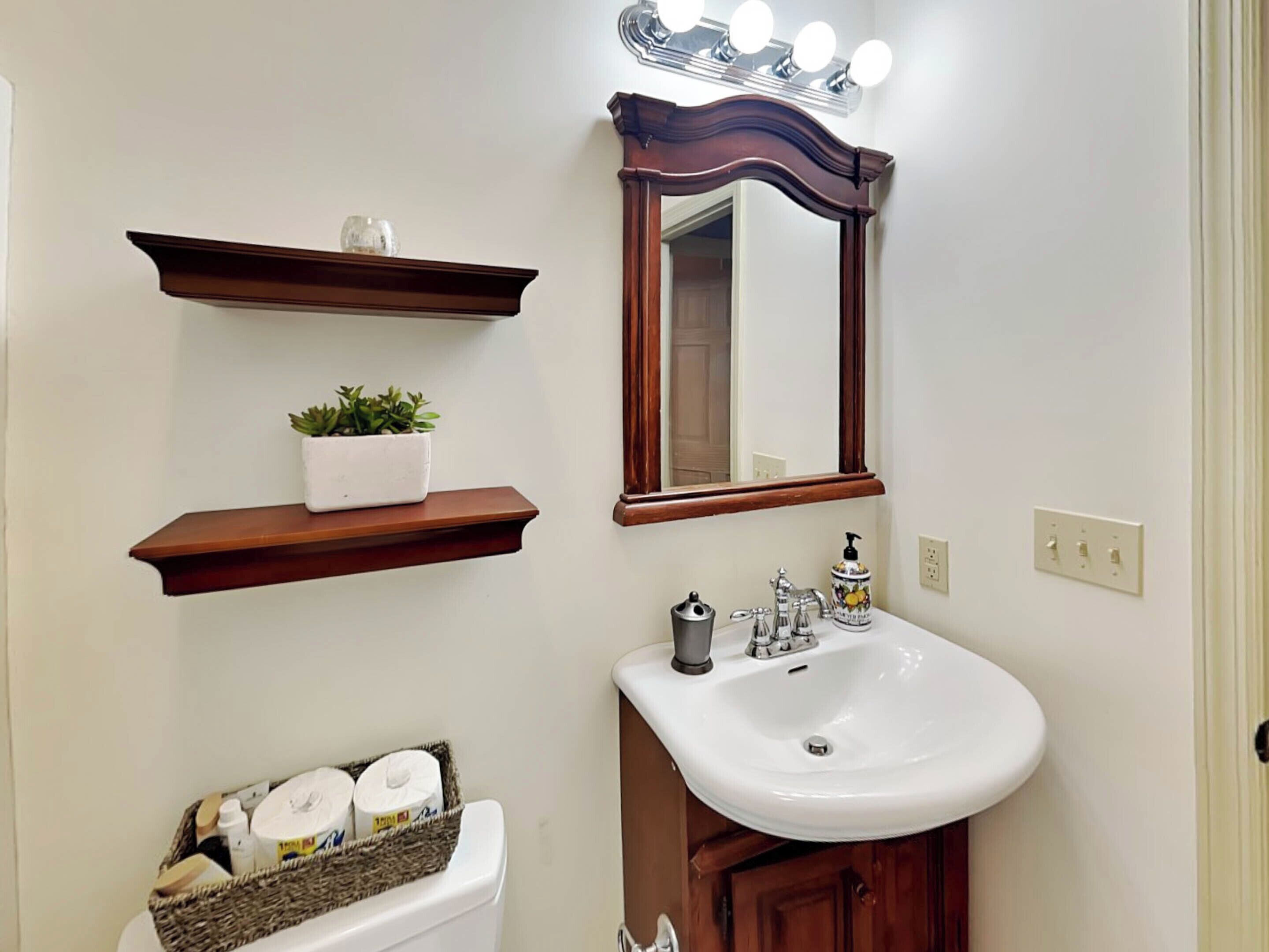 A bathroom with a white sink, a mirror with lights, a shelf with a plant, and a basket of toiletries.