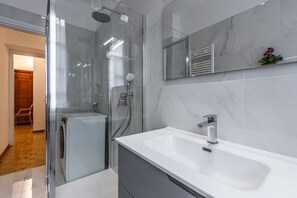 Shower, hair dryer, bidet, towels
