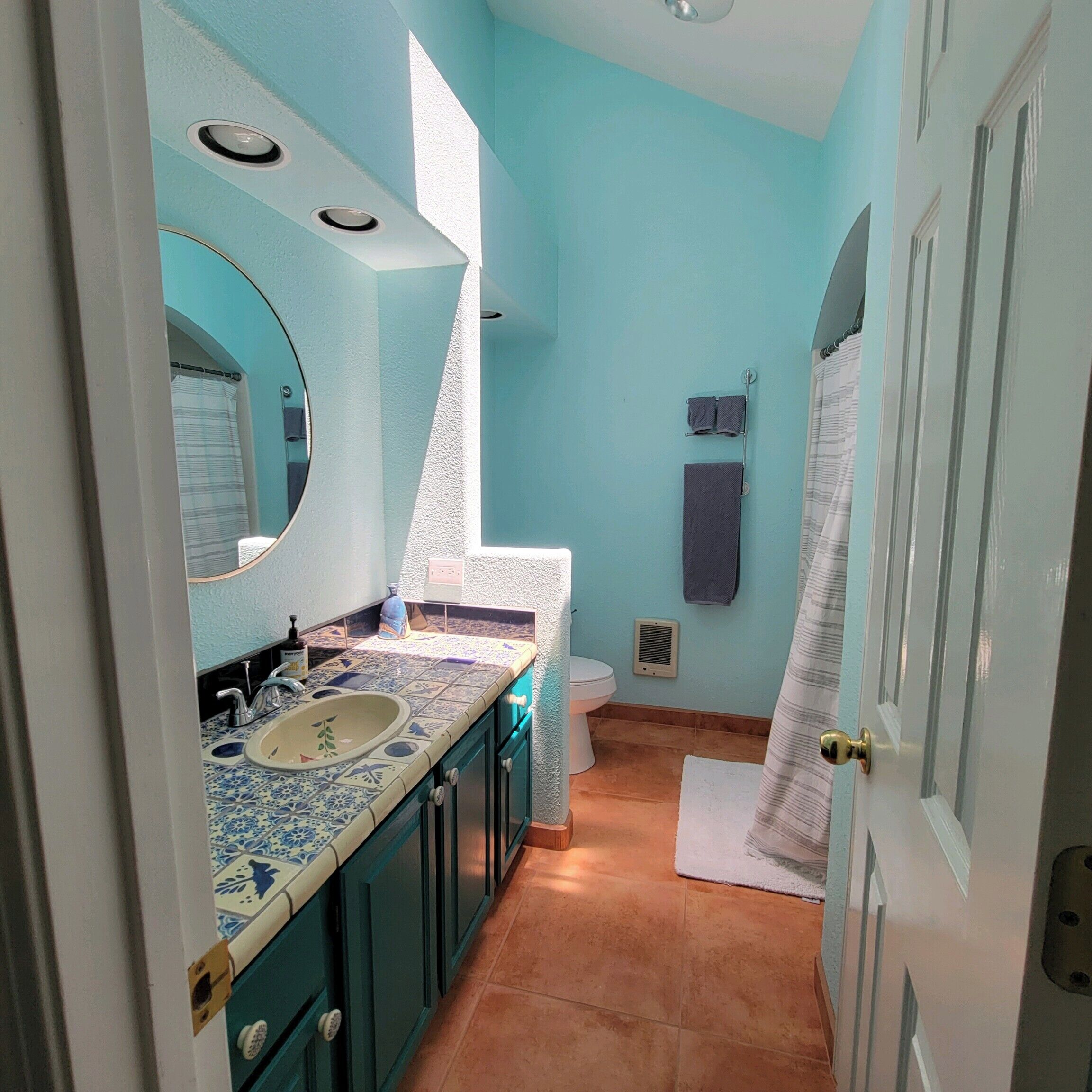 Hair dryer, towels, soap, shampoo