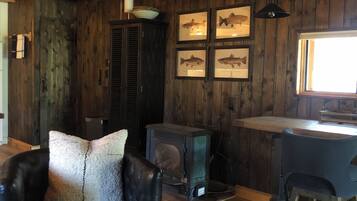 Smart TV, fireplace, books, offices