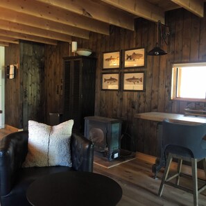 Smart TV, fireplace, books, offices