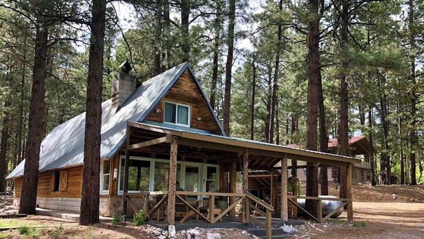 Une cabane rustique avec un toit en métal, une véranda en bois et une cheminée.