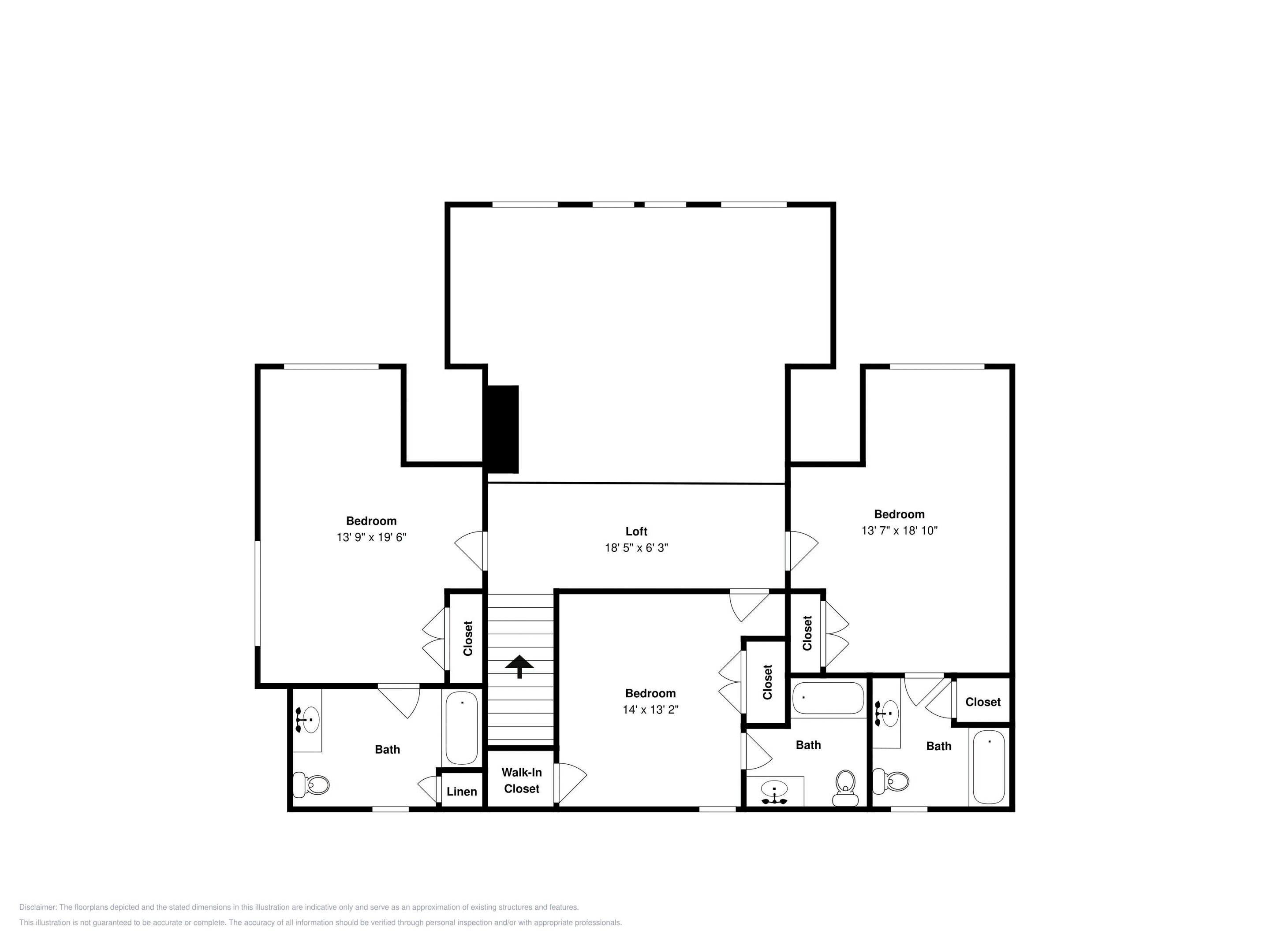 A floor plan with two bedrooms, a loft, a bathroom, and a linen closet.