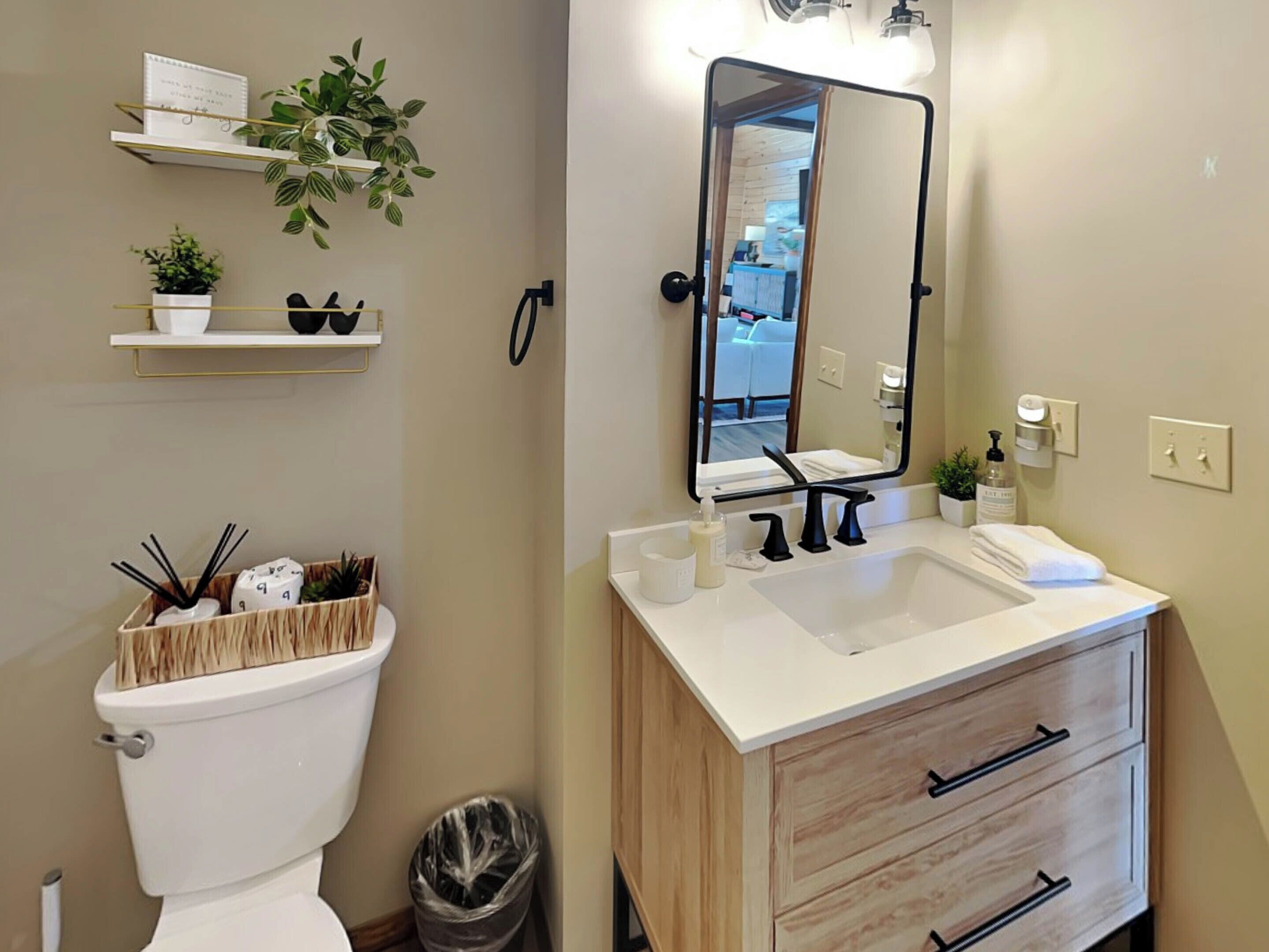 Une salle de bain avec des toilettes blanches, un meuble-lavabo en bois avec un miroir, et deux étagères ornées de plantes et d’articles de toilette.