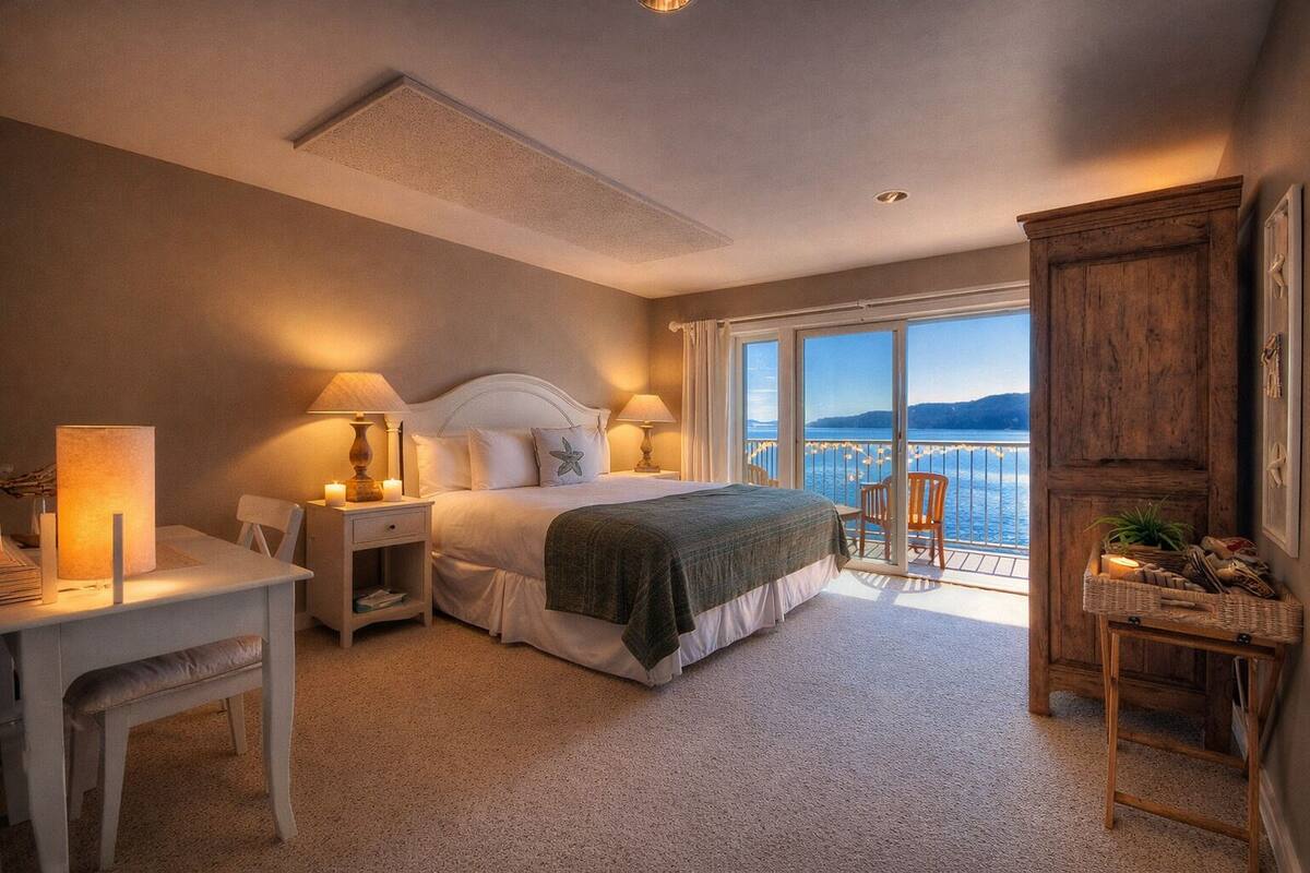Een slaapkamer met een groot bed, nachtkastjes met lampen, een bureau en uitzicht op zee vanaf een balkon.