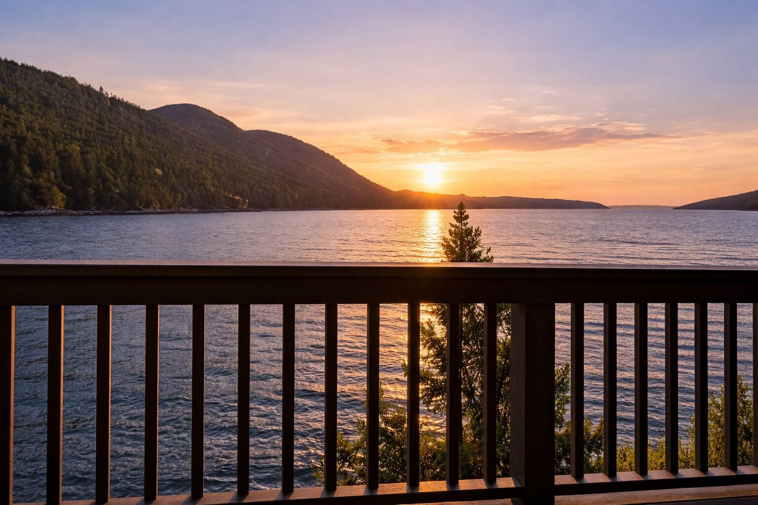 A lake with a sunset, a forested hill, and a wooden deck.