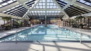 An indoor swimming pool with a glass ceiling, surrounded by lounge chairs and potted plants. - Ski in and out, Canyons, Westgate, King, Kitchen, Free Breakfast, Coffee & Tea Bar, Steam, Pool, HT (Park City)