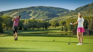 Camp de golf amb dues persones jugant, envoltat d'ocupes i arbres verds.