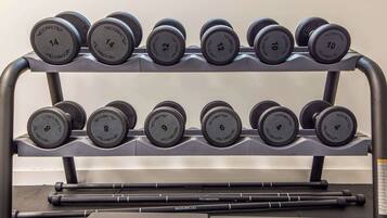 A rack of dumbbells with weights ranging from 4 to 14 kilograms.
