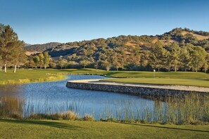 A golf course with a pond, a flag, and a hilly landscape in the background.
