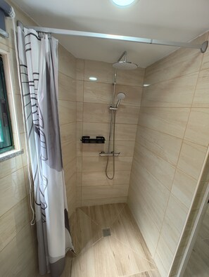 Shower, eco-friendly toiletries, hair dryer, towels