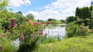 A riverbank with dense greenery and pink flowers, a clear sky, and a distant tree line.