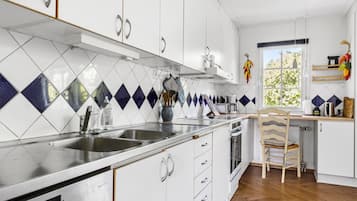 Fridge, stovetop, dishwasher, coffee/tea maker