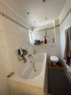 Shower, towels, toilet paper