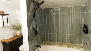 Hair dryer, towels, soap, shampoo
