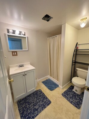 Shower, towels, soap, toilet paper