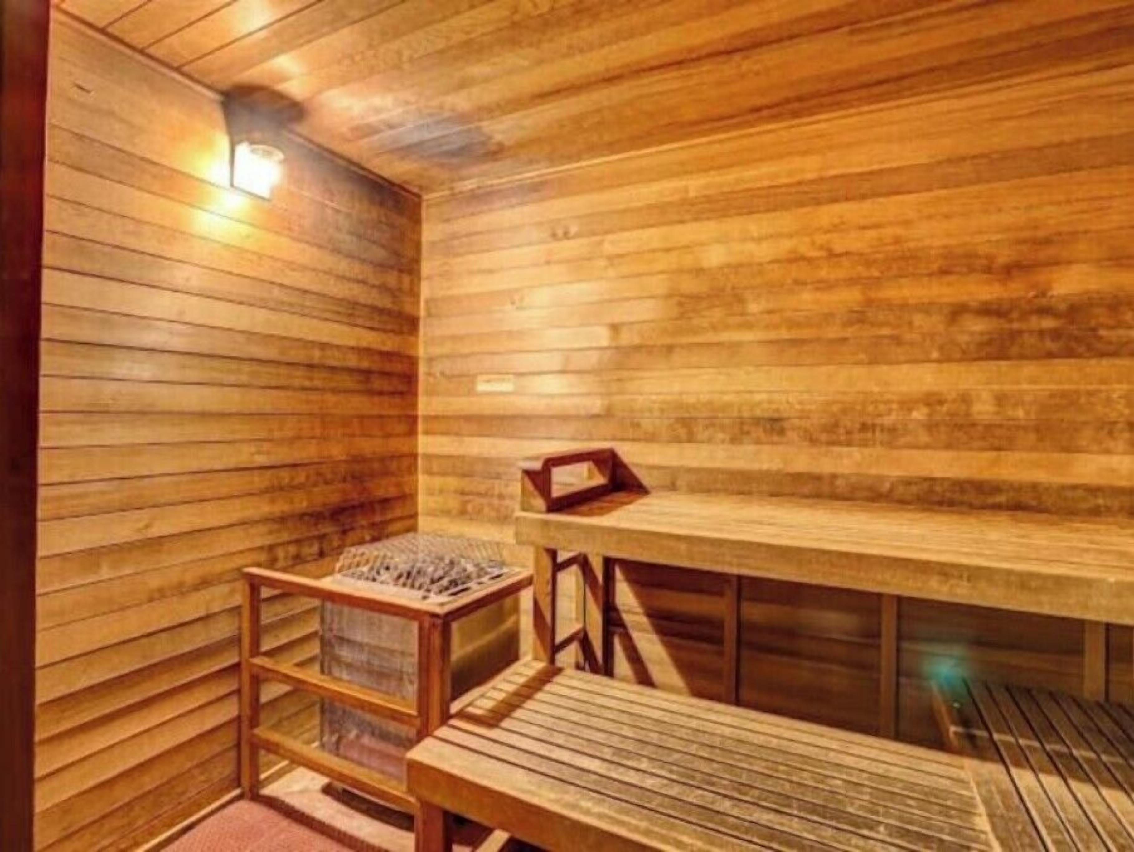 A wooden sauna with benches and a shelf.