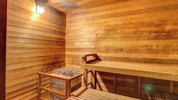 A wooden sauna with benches and a shelf.