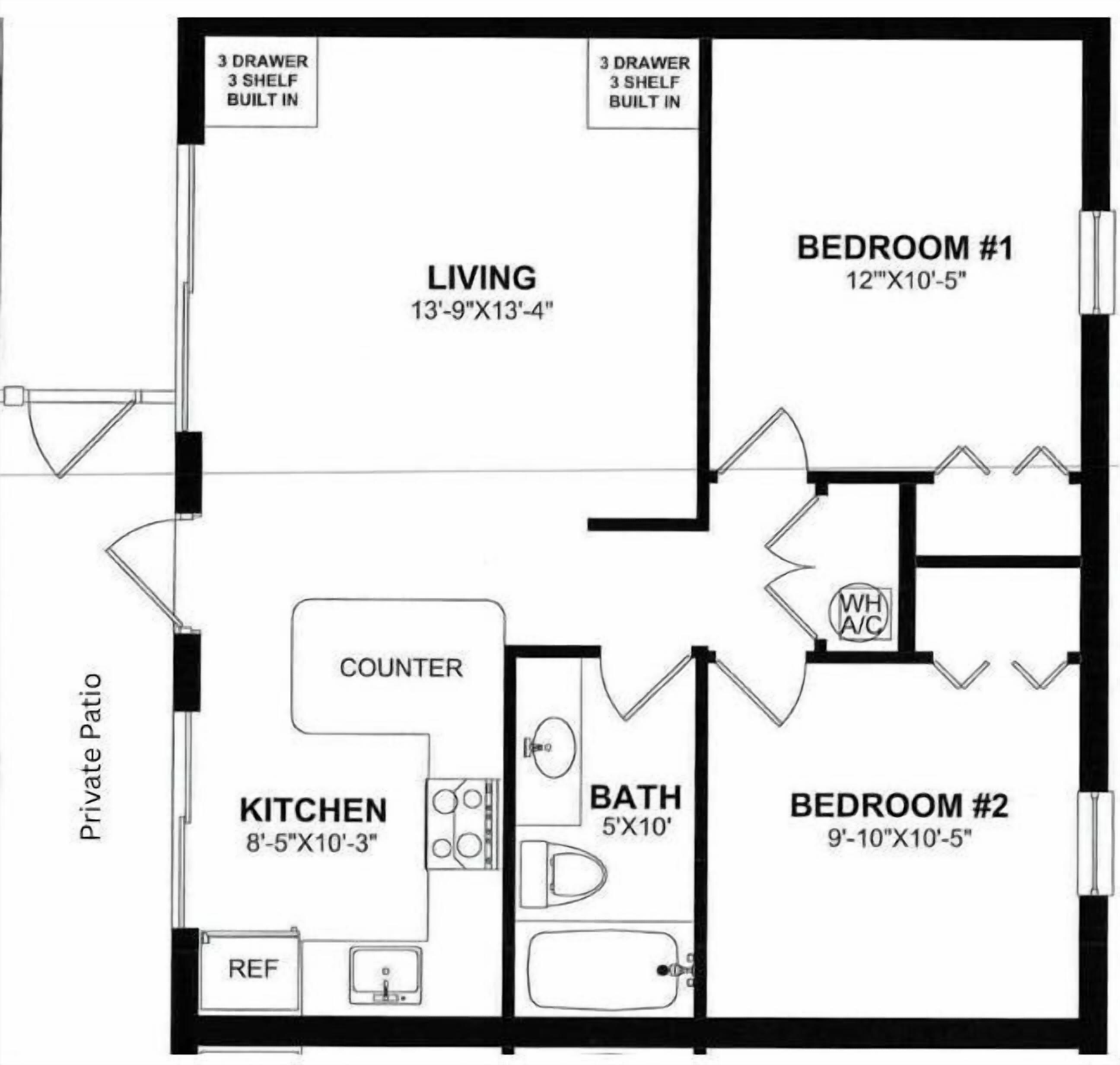 Een plattegrond van een huis met een woonkamer, twee slaapkamers, een keuken, een badkamer en een eigen terras.