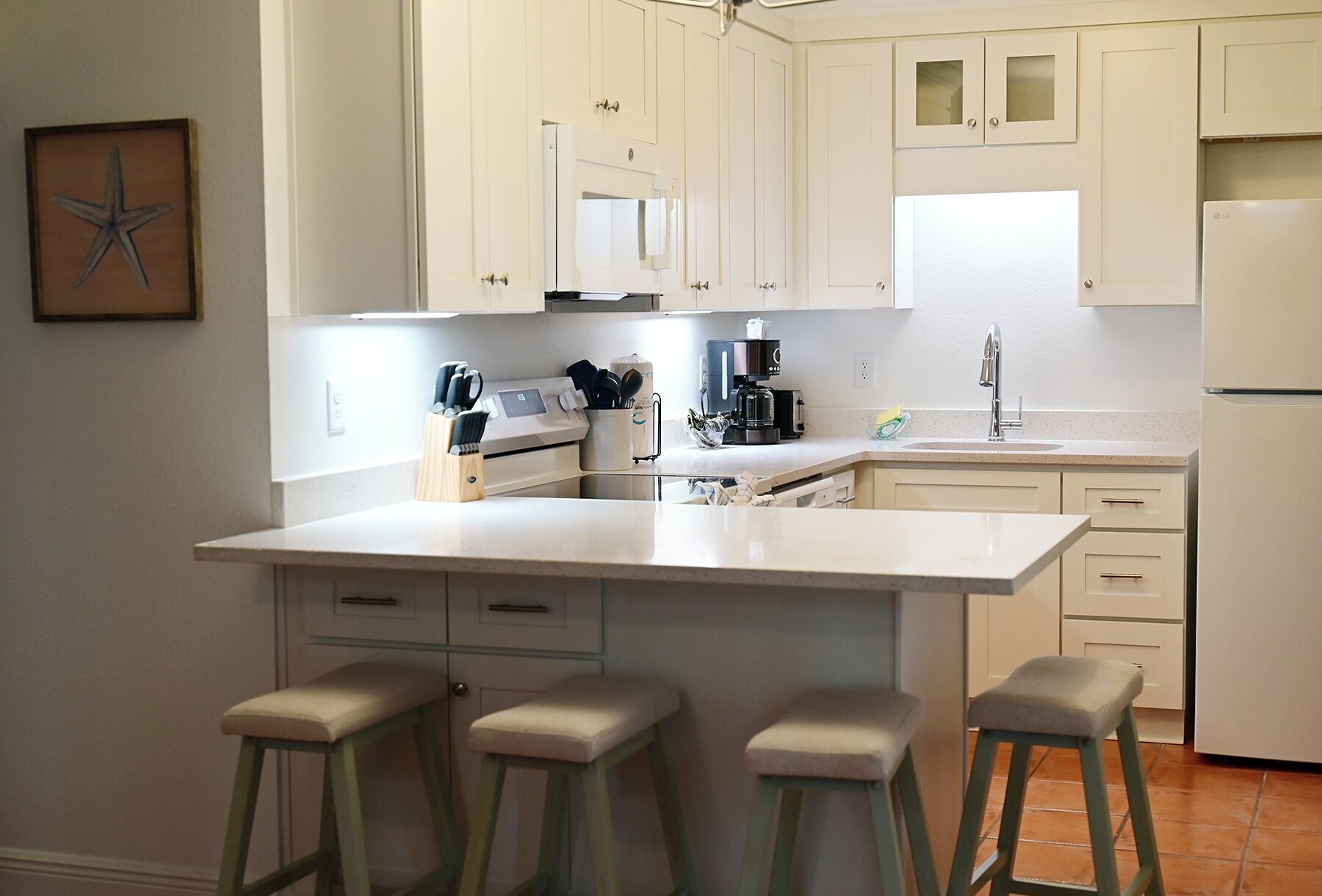 Coffee/tea maker, fridge, microwave, oven