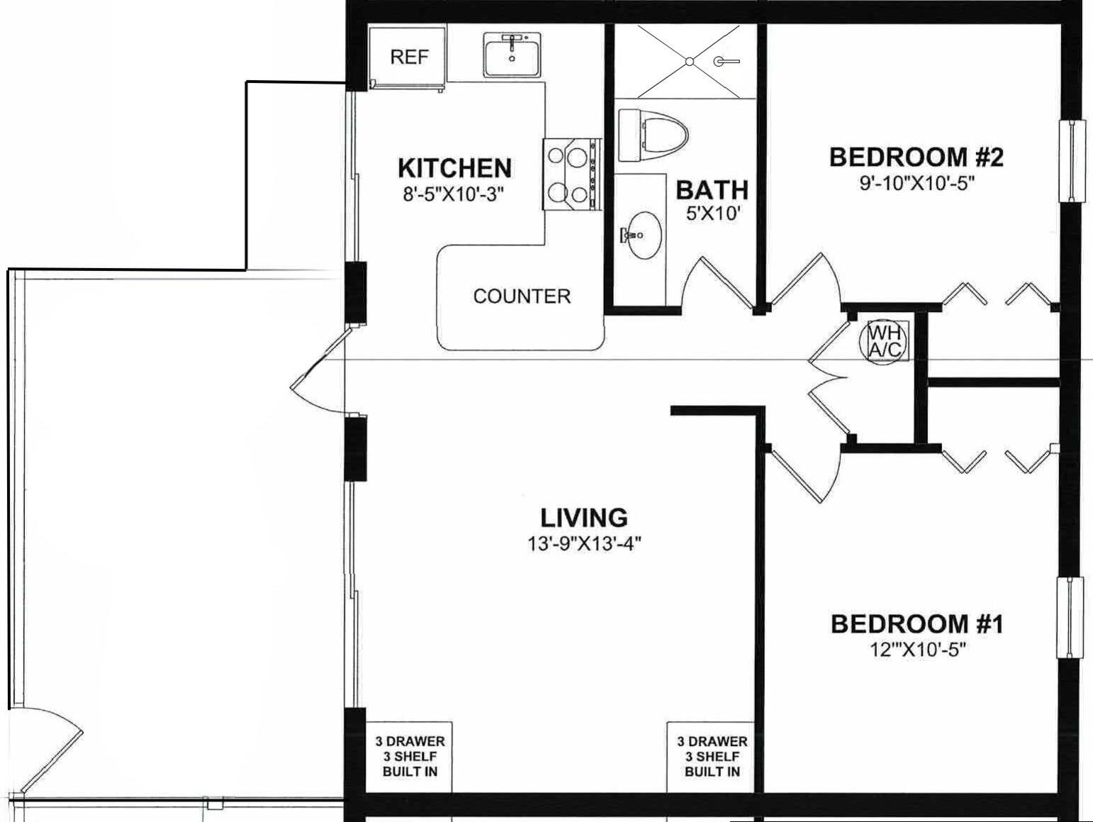 A floor plan with a kitchen, two bedrooms, a bathroom, and a living area.