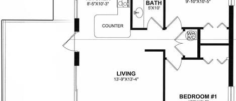 A floor plan with a kitchen, two bedrooms, a bathroom, and a living area.