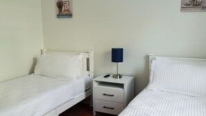 Une chambre avec deux lits simples, une table de chevet avec une lampe et une petite étagère avec une plante.