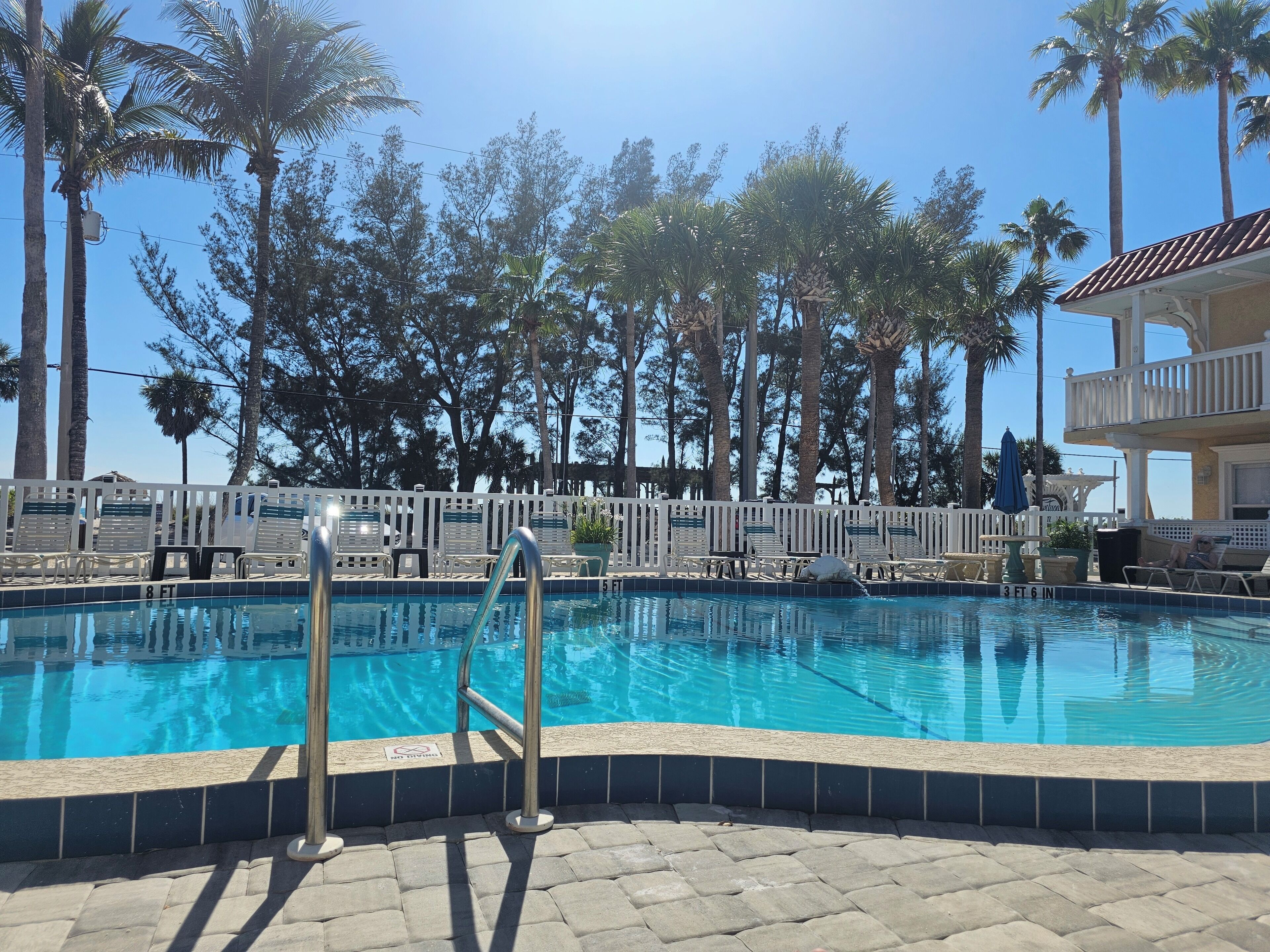 Una piscina con valla blanca, sillas de descanso y palmeras al fondo.