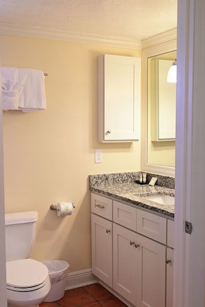 A bathroom with a toilet, a sink with a granite countertop, and a cabinet with a mirror above it.