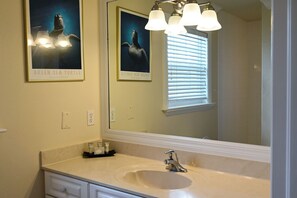 Un baño con un espejo grande, un lavabo y dos cuadros enmarcados de una tortuga marina.