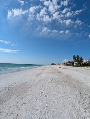 Una playa con cielo despejado, orilla arenosa y edificios al fondo.