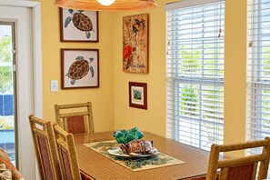 A dining area with a table, chairs, and artwork on the walls.