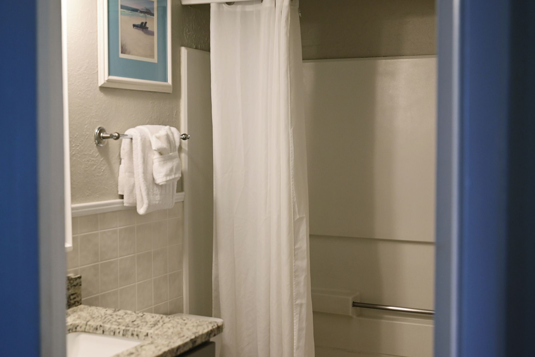 Ein Badezimmer mit Dusche, einem Handtuchhalter mit Handtuch und einem gerahmten Bild an der Wand.