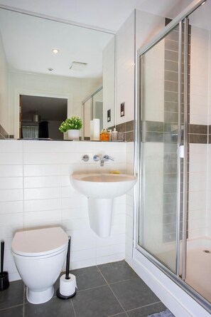 Shower, hair dryer, towels, soap