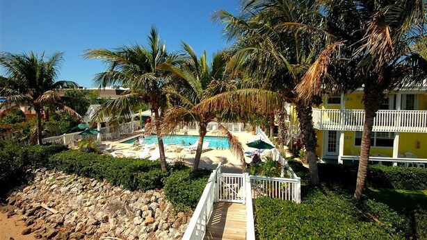 Un complexe hôtelier doté d’une piscine, de palmiers et d’une promenade en bois.