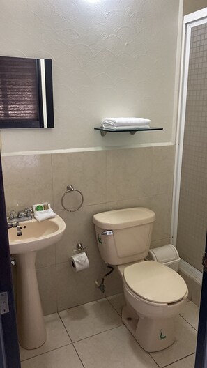 A bathroom with a toilet, sink, and a towel rack. - Hotel Sauces Morelia - Centro Historico (Morelia)