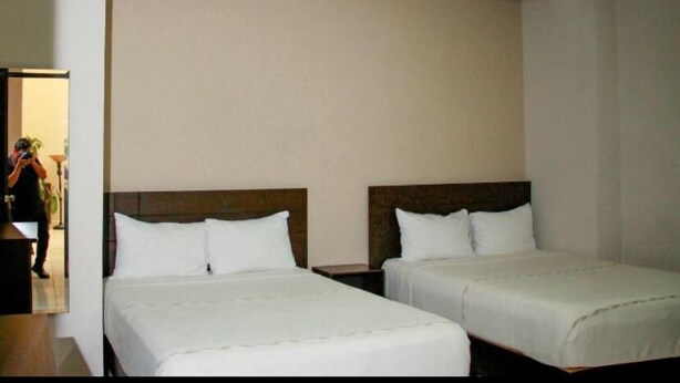 Una habitación de hotel con dos camas individuales, un cabecero de madera, una mesita de noche y un espejo.