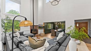Smart TV, fireplace, books