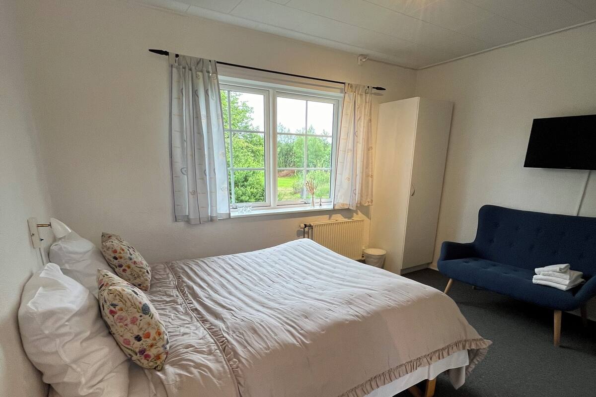 Une chambre à coucher avec un lit, une table de chevet, une fenêtre avec des rideaux, un radiateur, un canapé bleu et un téléviseur fixé au mur.