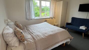 A bedroom with a bed, a bedside table, a window with curtains, a radiator, a blue sofa, and a TV mounted on the wall.