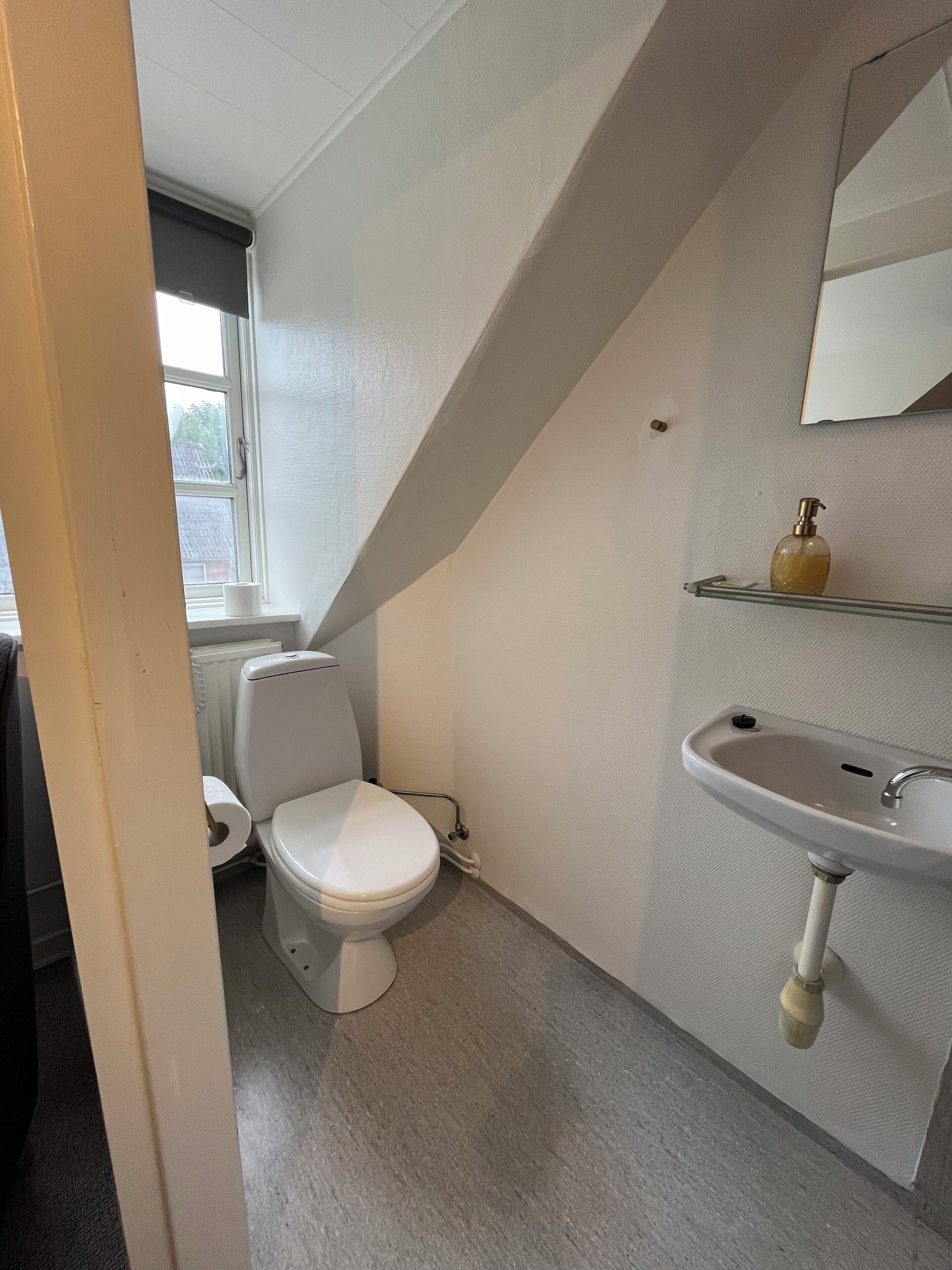 Et badeværelse med toilet, håndvask og et vindue.