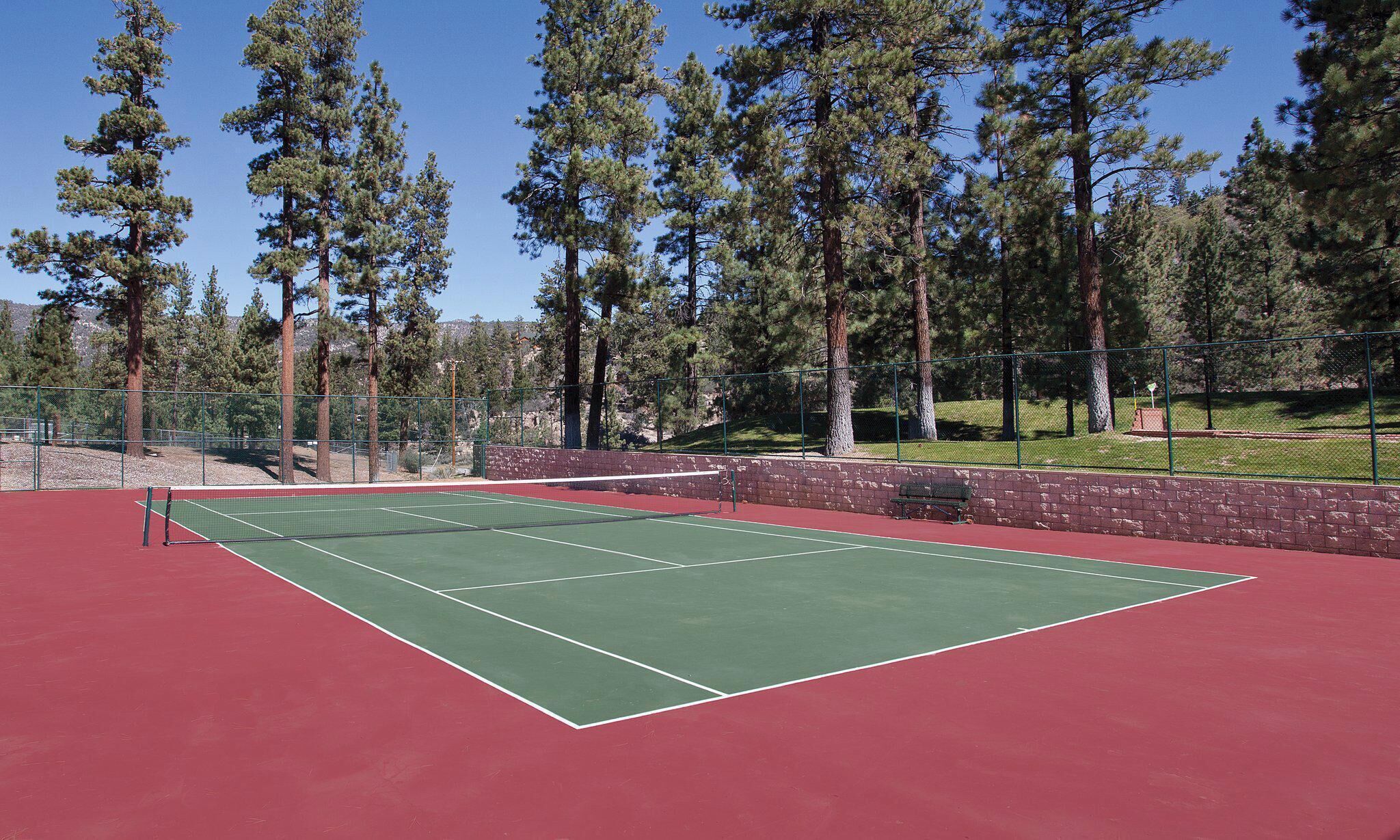 A tennis court with a red and green surface, surrounded by tall trees and a brick wall.